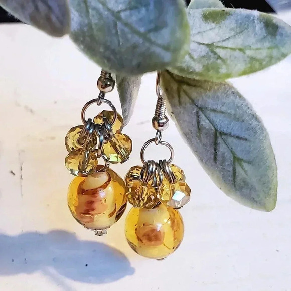 Amber Orange Murano Glass Flower Czech Crystal Bead Cluster Handcrafted Earrings - Picture 1 of 4